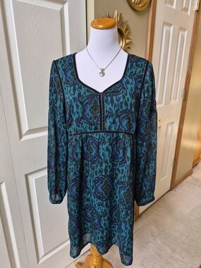 Nicole Richie Collection Teal & Black Printed V-Neck Tunic Dress